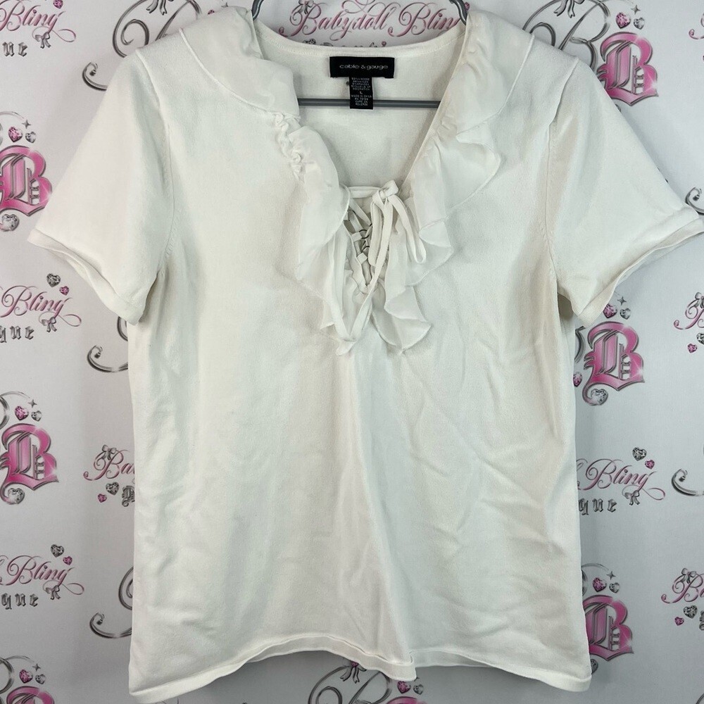 Cable & Gauge tshirt lace up ruffles frilly frills White Ruffled Blouse